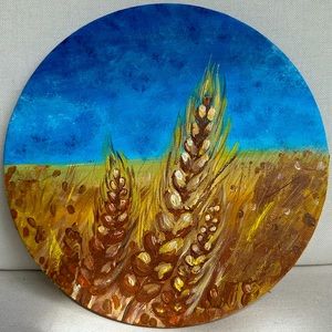 New Original Acrylic Wheat Sky Painting on Round Canvas Autumn Wall Decor